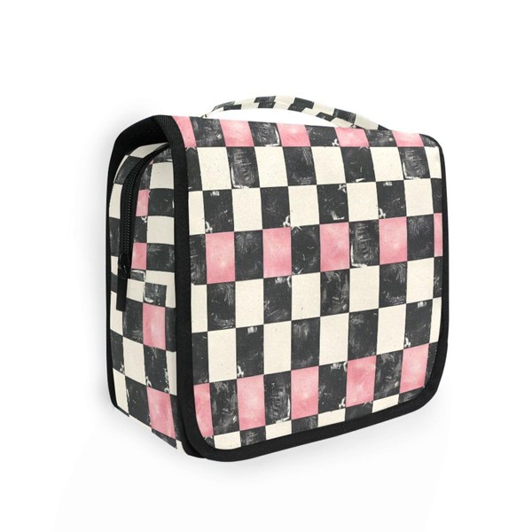 senya Hanging Travel Toiletry Bag White Black Pink Plaid Kit