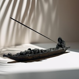 Charon Skull Boat Incense Holder – 11” Marble Dust Gothic Burner – River Styx Myth Decor – Stick Incense Tray