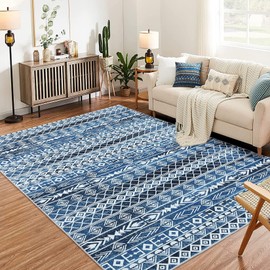 Moroccan Geometric Area Rug 4x6 - Machine Washable, Easy-Cleaning, Non-Shedding, Stain Resistant, Non-Slip, Foldable Indoor Mat for Living Room, Bedroom, Kitchen, Entryway, Bathroom, Blue
