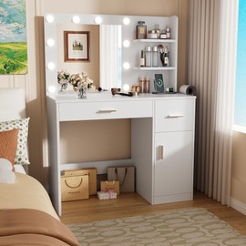 YESHOMY Vanity Desk with Mirror, 10 Lights, Power Outlet and 3 Storage Shelves, Makeup Table with 2 Drawers & 1 Cabinet, 3 Color Modes, for Bedroom, White