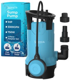 SereneLife 1HP Sump Pump Submersible, 3300GPH Water Pump for Pool Draining with Auto Float Switch, 3pc Adapter Set for USA Garden and Flat Hose, 16ft Cord, Clean Dirty Water, Yard, Pool, Tub, Pond