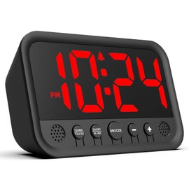 Small LED Digital Clock for Bedroom, Loud Alarm Clock for Heavy Sleepers Adults, Teens | Plug-In Electric Desk Clock | Simple Bedside Nightstand Clock with Adjustable Volume/Brightness/Snooze – Red