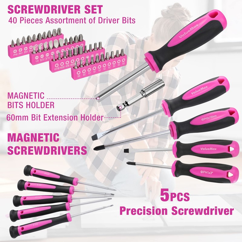 ValueMax Home Tool Kit with Cordless Lithium-ion Drill, 237-Piece Pink