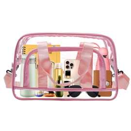 [Enkrio] クリアバッグ ビニールバッグ プール ボストンバッグ 透明 ショルダーバッグ PVC 防水 斜め掛け 手提げ 大きめ 大容量 ポケット付き 水泳 (ピンク)