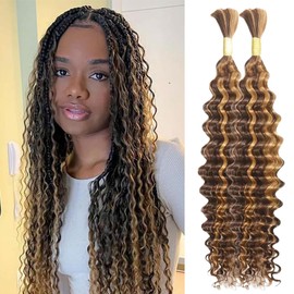 Human Braiding Hair Deep Wave Human Hair Extensions No Weft Curly Bundles Human Hair for Boho Braids Human Hair Bundles Hair Extension 18 18 Inches 100 g 4/27 Highlight Blonde Brown