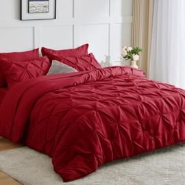 CozyLux Red Comforter Full - 7 Pieces Bed in a Bag Dark Red, Pintuck Full Size Comforter Sets Pinch Pleat Bedding Sets with All Season Comforter, Flat Sheet, Fitted Sheet and Pillowcases & Shams