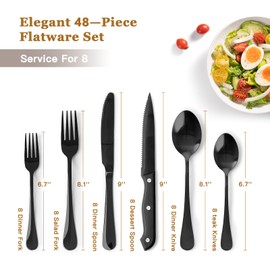 Astercook 49-Pieces Black Silverware Set with Steak Knives, Black Flatware Set for 8, Food-Grade 410 Stainless Steel Tableware Cutlery Set, Eating Mirror Polished Utensil Set for Home Restaurant
