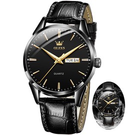 Black Mens Leather Watch for Men With Day Date Casual Round Analog Men Wrist Watches Waterproof Dress Man Watch Fashion Black Face Watches Man Easy Read Simple Man Wrist Minimalist Luminous OLEVS Reloj De Hombre