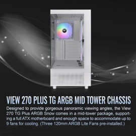 Thermaltake View 270 Plus TG ARGB Snow Mid Tower E-ATX Case; 3x120mm ARGB Fans Included; Support Up to 360mm Radiator; Front & Side Dual Tempered Glass Panel; CA-1Y7-00M6WN-AZ; 3 Year Warranty