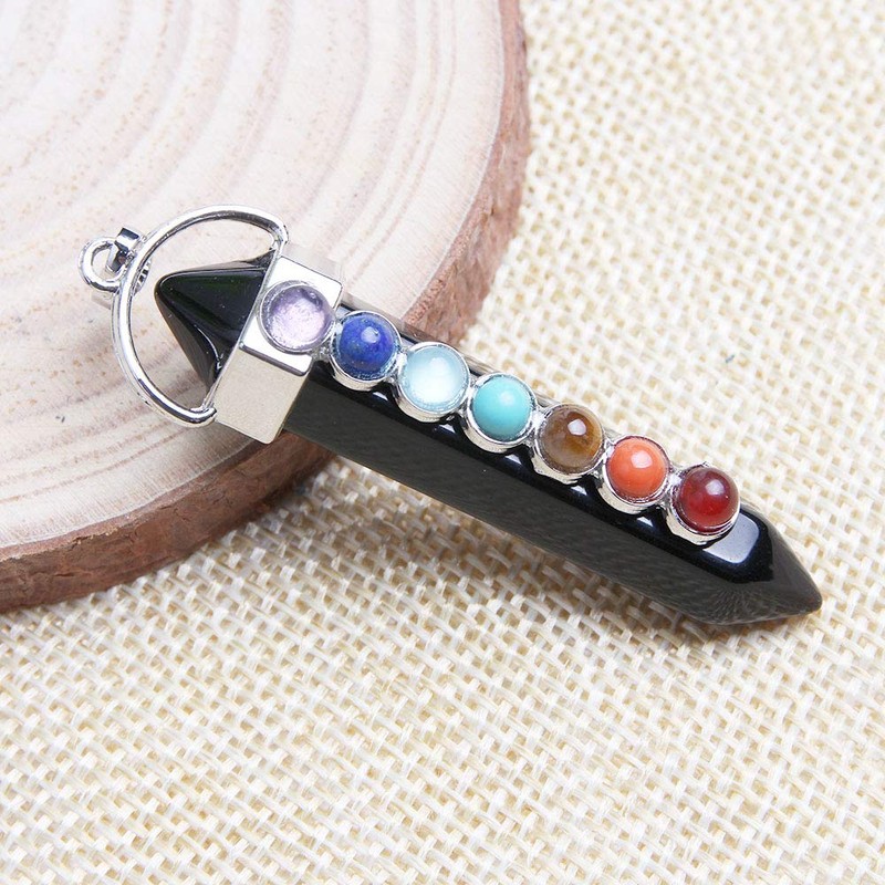 Acxico 1Pcs Black Tourmaline Protection 7 Chakra Pendant Real Crystal