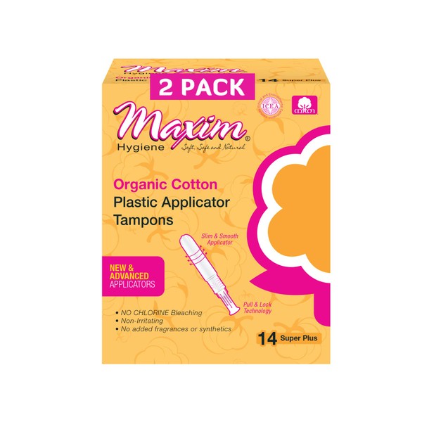 Maxim Organic Cotton Tampons, BPA Free Plastic Applicator Tampon, SUP+, 28ct, No Chlorine/Dioxin/Chemical, ICEA Approved, Organic Natural Tampons, Easy to Use Applicator, Organic Super Plus Tampon