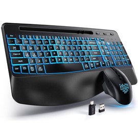 Hamile Wireless Keyboard and Mouse Combo : Ergonomic Wave Keys for Natural Typing, Full Size Keyboards with Wrist Rest, Quiet Backlit Mice,Phone Holder, 2.4G Set for Computer/Laptop/Mac/Windows, Black