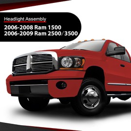 CROSSDESIGN Headlights Headlamps w/Bulbs Light Bar Pair Set Compatible with Dodge Ram 1500 2006-2008/Fits Dodge Ram 2500 3500 2006-2009 Clear Lens Black Housing Amber Reflector