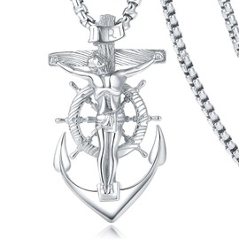 YAMI Cross Necklace for Men, Titanium Steel Crucifix Jesus Boat Rudder Anchor Sailor Mens Holy Pendant with 24 Inches Chain, Faith Marine Jewelry Gifts, Silver Tone