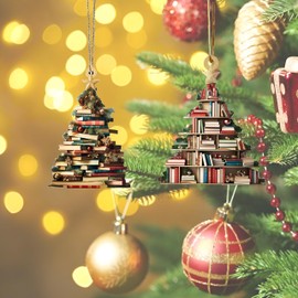 Christmas Ornaments 2024，Christmas Book Tree Ornament,Christmas Tree Shape Bookshelf Pendant,Books Stacked Ornament,Christmas Ornaments,Christmas Ornament Bookworm Bookshelf Decoration (Flat 2D)