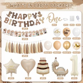 1st Birthday Decorations for Boys Girls, Dino Theme Party Decorations Pack, Apricot White Gold Balloons, Confetti, Dinosaur Star Number 1 Foil Balloons, Photo Banner First Birthday Decoration for Baby