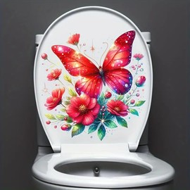 Butterfly Rose Flower Leaf Toilet Cover Sticker Decals Waterproof Toilet Lid Tank Seat Decals Cistern Self-Adhesive Bathroom Wall Sticker