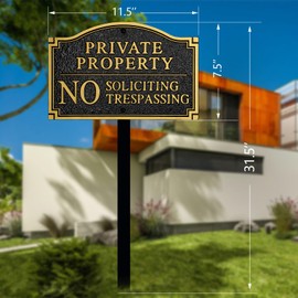 Private Property No Soliciting No Trespassing Statement Plaque,Solid Metal Cast Yard Sign, Heavy Duty Material, Embossed Letters,11.5"×7.5" with 31.5" Stakes and Upgraded Stainless Screws