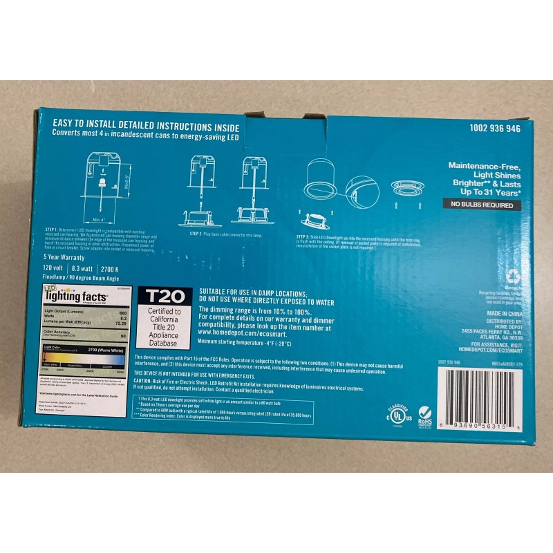 Eco-Smart EcoSmart (60W replacement) 4" White LED Recessed Trim Daylight