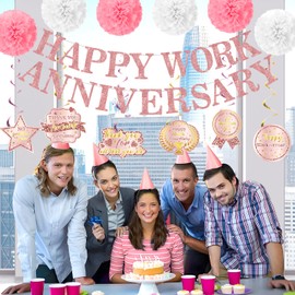 Happy Work Anniversary Decorations for Men Women Rose Gold Happy Work Anniversary Banner Workiversary Party Hanging Swirls Tissue Paper Pompoms Sash for Office Employee Worker Appreciation Supplies
