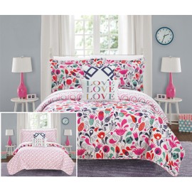 Chic Home Meritt 5 Piece Reversible Quilt Set Colorful Floral Print Design Coverlet Bedding-Decorative Pillows Shams Included Size, Full, Pink