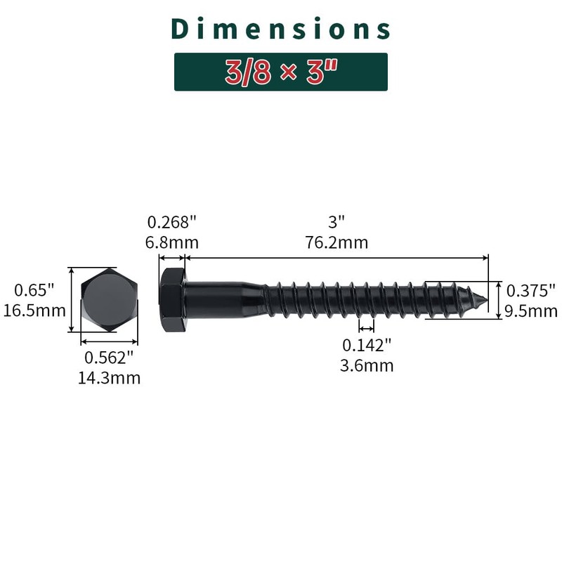 3/8 x 3 Black Hex Head Lag Screws Bolts (10
