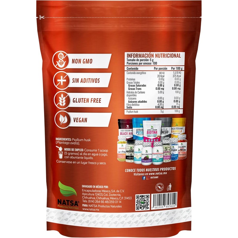 NATSA Psyllium Plantago Polvo 500 g 100 Porciones 5 g