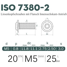 Screws M5, Pack of 20 Rounded Head Screws Stainless Steel Screws M5 x 25 mm A2 V2A 304 Rustproof, MeHurr Hexagon Socket (ISK) Screws with Flange, Machine Screws ISO7380-2, Screw Full Thread