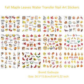 12PCS Fall Nail Art Stickers Maple Leaves Water Transfer Nail Art Decals Autumn Self-Adhesive Stickers Thanksgiving Pumpkin Decorations Floral Design Nail Accessories for Women Girls(Style A)