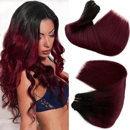 Sew in Hair Extensions Real Human Hair 99J Burgundy with Black Roots Silky Straight Weft Hair Extensions Human Hair Bundles Hand Tied Weft Hair Extensions Real Hair 18Inch 100G 1B99j Wine Red Bundles