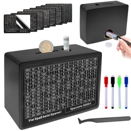 Wooden Money Box with Savings Target, Money Box with Counter, Money Box with Numbers Checks, €500 €1,000 €2,000 €3,000 €5,000 €10000 and DIY Blank Card, No Assembly Required