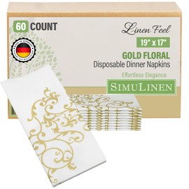 SimuLinen Gold & White Dinner Napkins - Disposable Linen Feel Decorative Cloth-Like Large Napkins - Elegant, Soft, Absorbent & Durable Airlaid Material (19"x17" - Box of 300)
