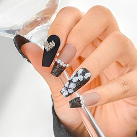 Sethexy Punk Long Coffin False Nails Handmade French Matte Acrylic Press On Nails Hand-painted Black Rose Fake Nails 3D Pearl Bear Salon Quality Nail for Women and Girls(Q)