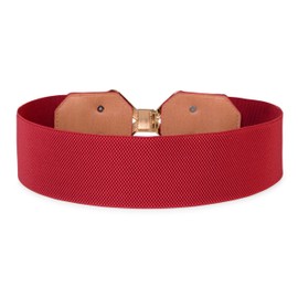 BlackButterfly Wide Elastic Cinch Stretch Waistband Retro Gold Bow Buckle Waist Belt (Red, XXL)