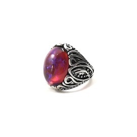 Little Gem Girl Unisex Synthetic Mexican Fire Opal Ring Czech Glass Dragons Breath 13x18mm Stone Thick Swirl Band