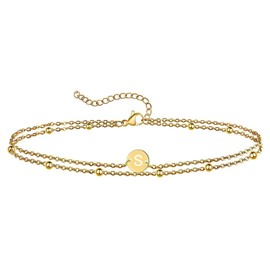 Jewlure | Women's Yellow Gold Initial Bracelet, Exquisite 14K Gold Plated Layered Bracelet, 26 Letter Round Piece Hand Jewelry, Gift for Women (S)