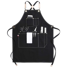 Jeanerlor Work Apron Waxed Canvas Stylist Apron with Pockets Water-Resistant Tool Aprons for Women Cross Back Straps Adjustable S-M（Black）