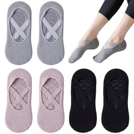 3 Paia Calzini Pilates Donna Antiscivolo, Calze Yoga in Cotone Traspirante per Fitness, Palestra e Danza, Taglia 36-40, Calzini Sportivi Professionali, Colori Lavanda, Grigio Blu e Nero