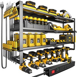 Large Power Tool Organizer Wall Mount with Charging Station for Garage, 400lbs Metal Storage Rack with 8 Cordless Drill Holder, 4 Tier Heavy Duty Battery Tool Shelf with 5 Outlet Power Strip