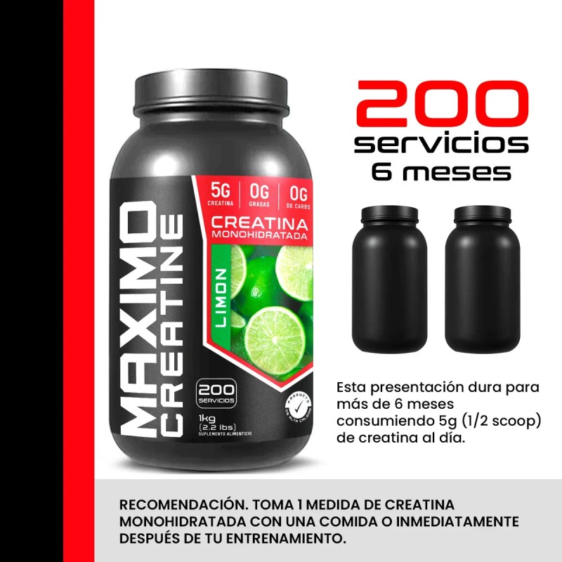 Creatina Monohidratada 1kg Maximo Protein 200 Porciones Limón