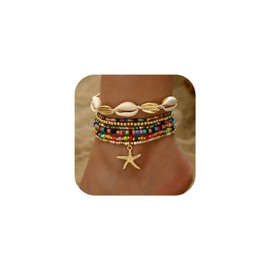 Seashell Anklets for Women Colorful Starfish Mermaid Ankle Bracelet Fashion Shell Beaded Anklet Set Boho Beachy Seashell Ankle Bracelet for Women Waterproof Hawaii Summer Mermaid Jewelry (Colour)