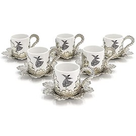 Modefa Turkish Luxury 6 Piece Coffee Cup Set | Premium Porcelain | Ottoman Style with Dervish & Tughra Artwork (Silver - Dervish)