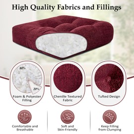downluxe Chair Cushions for Dining Chairs 2 Pack, Tufted Memory Foam Chair Pads with Non-Slip Bottom, U-Shaped Kitchen Chair Cushions, 17"x17"x4", Burgundy