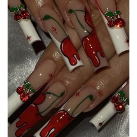 Aegenacess Press on Nails Square - Extra Long Fake Nails with 3D Cherry, White French Tips Red False Nail with Glue Sticker, Stick On Nails for Women, 12 Sizes - 24 Nail Kit, Vintage Orchard