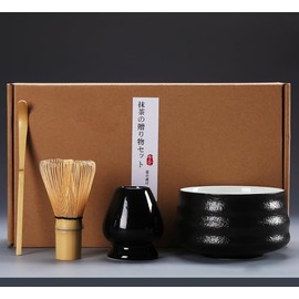 4 PCS Matcha Whisk Set, Matcha Ceremony Accessory, Traditional Tea Ceremony Making Tools for Matcha Tea, Perfect Matcha Tea Kit with Ceramics Matcha Bowl Matcha Whisk Holder Matcha Whisk Tea (Black)