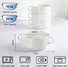 GOOD ALWAYS 22 oz Bowls, Soup Bowls with Handles Set of 4, Ceramic Serving Bowls for Salad, Cereal, French Onion Soup, Dessert, Dishwasher, Microwave, Oven, Stackable Bowls for Kitchen
