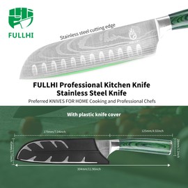 FULLHI Santoku Knife with Sheath, Multi Color 7 inch Japanese Knives, Sushi Cutting Stainless Steel Kitchen Knife with Guard (Green Wood)