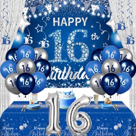 Blue 16th Birthday Decorations Blue Silver 16th Birthday Party Supplies Blue Happy 16th Birthday Banner Balloons Hanging Swirls Tablecloth Foil Curtain 16 Years Old Decor for Boys Girls Party Supplies