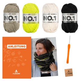 myboshi Eniwa Crochet Set with No. 1 Wool, Needle and Instructions for Hats and Scarves, Crochet Pack, 30% Merino Wool, Green with Crochet Hook