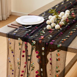 Wracra 3pcs Embroidery Cheesecloth Table Runner Daisy Summer Fall Table Runner 120 inch 10ft Florals Gauze Table Runners for Wedding Party Baby Shower Birthday Home Decor Holiday Decorations, Black